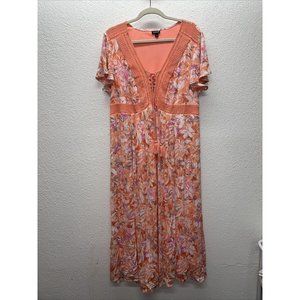 Torrid Dress Womens Coral Pink Floral Lace Up Tea Crinkle Gauze Midi Sz 1